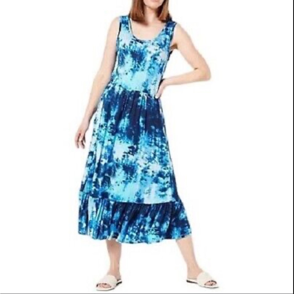 J Jason Wu Dresses A480664 Tie Dye Knit Ruffle Midi Dress Large Petite Blue